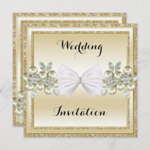 GoldSequins & Floral Gems Glitter Bow Wedding Invitation