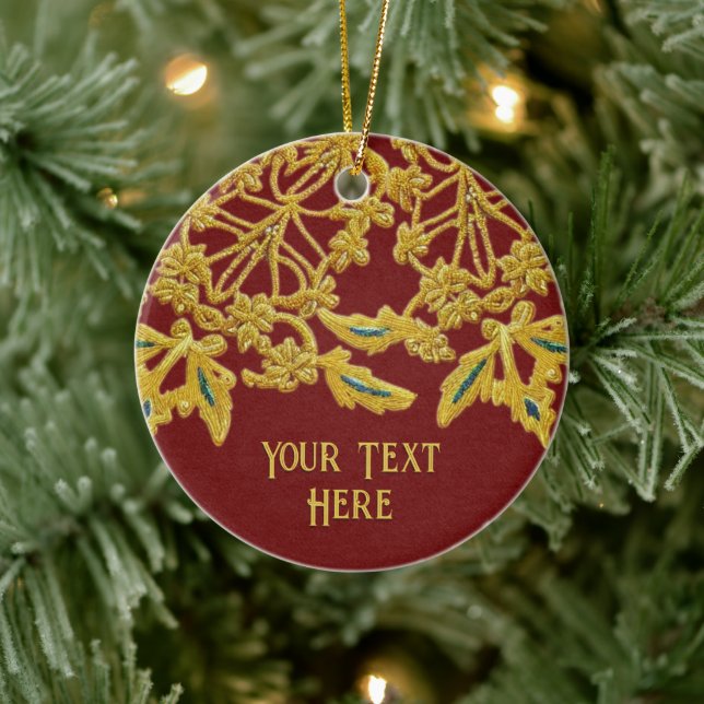 Goldwork Embroidery on Fabric Effect, your text Ceramic Ornament (Tree)