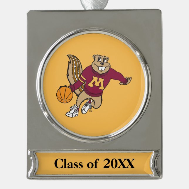 Goldy Gopher Basketball with Year Silver Plated Banner Ornament (Front)
