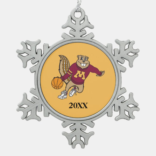 Goldy Gopher Basketball with Year Snowflake Pewter Christmas Ornament (Front)