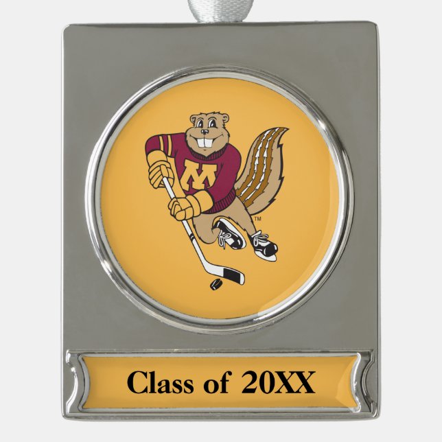 Goldy Gopher Hockey with Year Silver Plated Banner Ornament (Front)