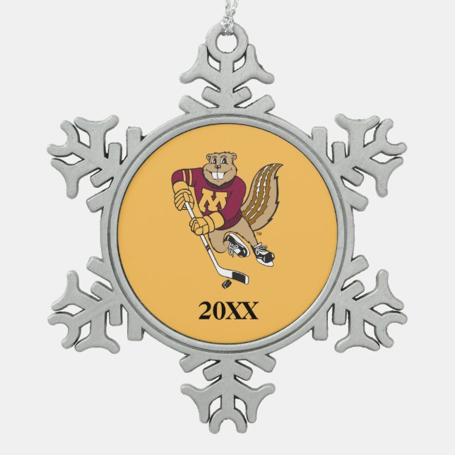 Goldy Gopher Hockey with Year Snowflake Pewter Christmas Ornament (Front)