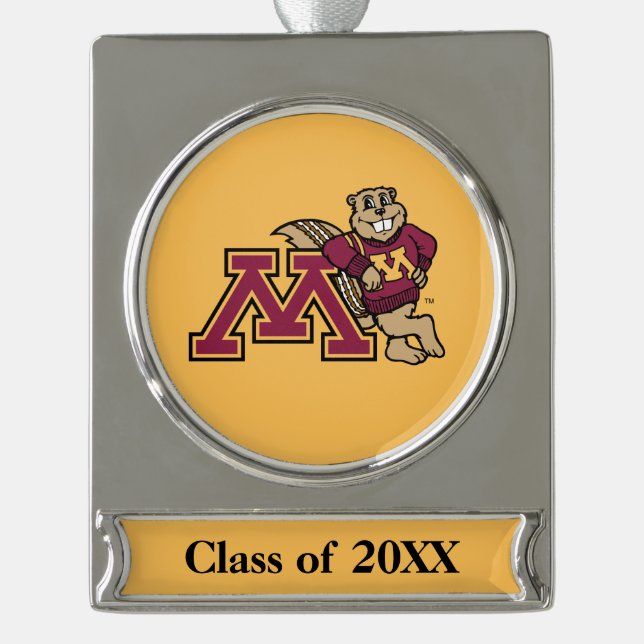 Goldy Gopher M with Class Year Silver Plated Banner Ornament (Front)