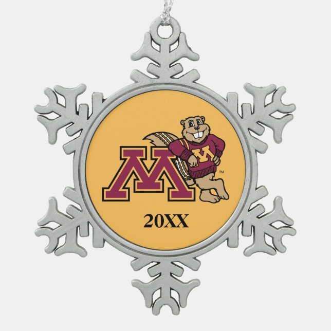Goldy Gopher M with Class Year Snowflake Pewter Christmas Ornament (Front)