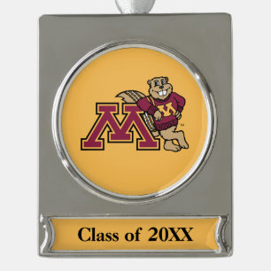 Goldy Gopher & Minnesota M Silver Plated Banner Ornament