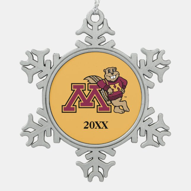 Goldy Gopher & Minnesota M Snowflake Pewter Christmas Ornament (Front)