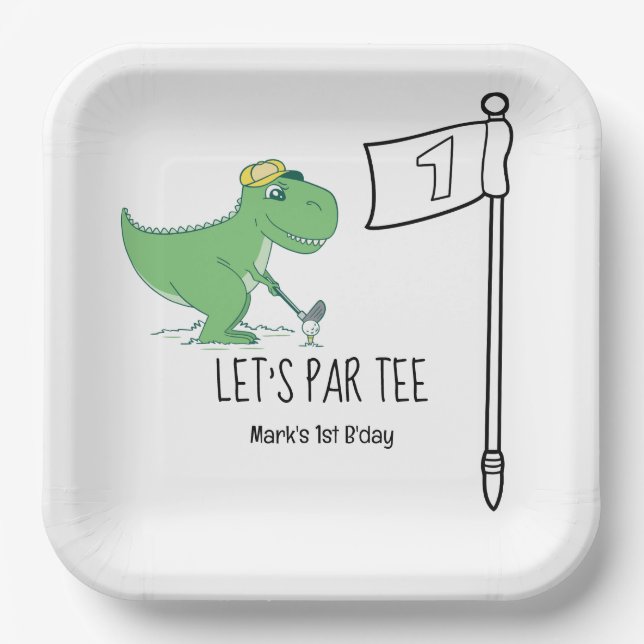 Golf 1st Birthday Dinosaur golfing let's par tee Paper Plates (Front)