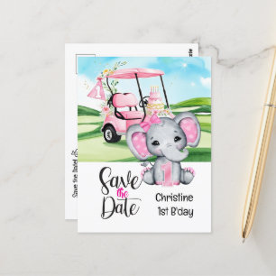 Golf 1st Birthday elephant and Pink golf cart Postcard