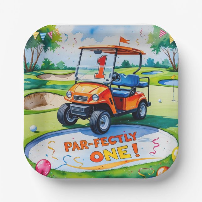 Golf 1st Birthday for baby boy golfer Paper Plates (Front)