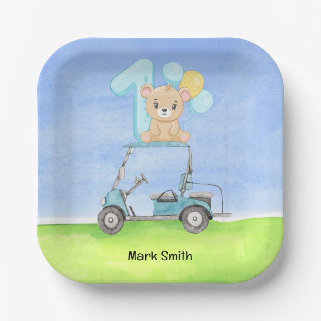 Golf 1st Birthday for baby boy golfer Paper Plates (Front)
