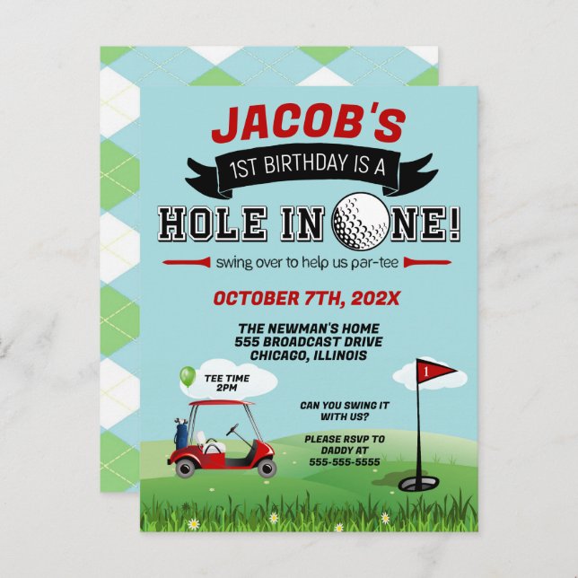 Golf 1st birthday Invitation (Front/Back)