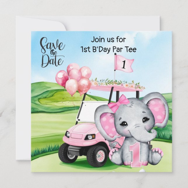 Golf 1st Birthday Invitation – Pink Golf Cart  (Front)