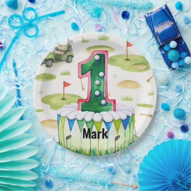 Golf 1st birthday one year old golfer number one paper plates (Party)
