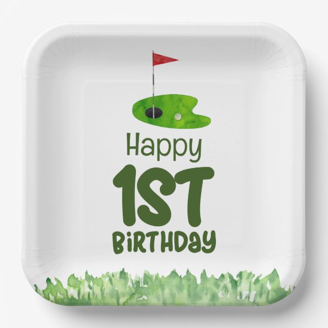 Golf 1st birthday one year old golfer  paper plates (Front)