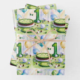 Golf 1st birthday one year old golfer with cake wrapping paper sheets