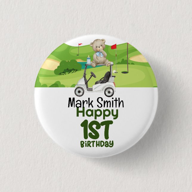 Golf 1st birthday one year old golfer with cart button (Front)