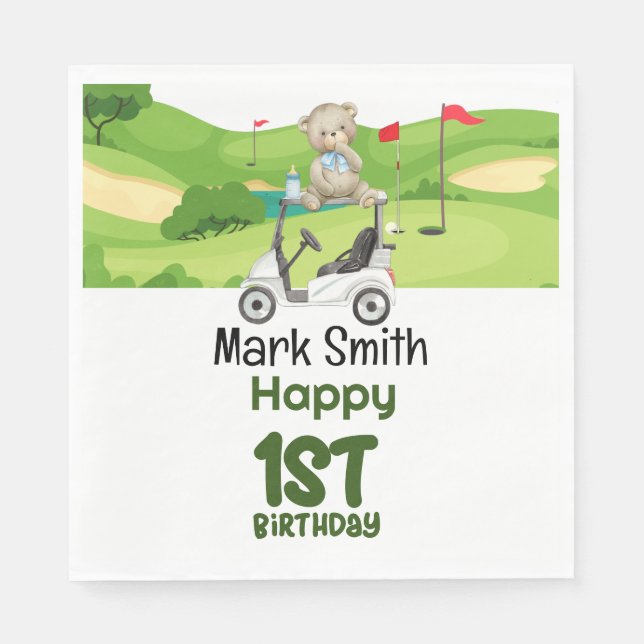 Golf 1st birthday one year old golfer with cart napkins (Front)