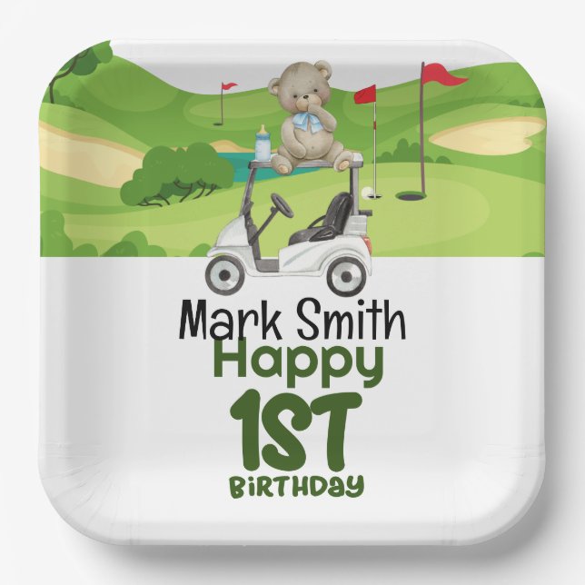 Golf 1st birthday one year old golfer with cart paper plates (Front)