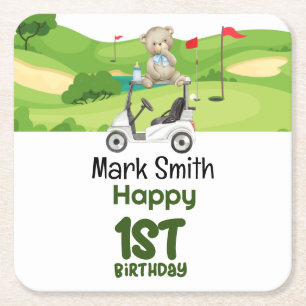 Golf 1st birthday one year old golfer with cart square paper coaster