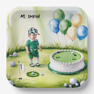 Golf 1st birthday one year old golfer with Name Paper Plates