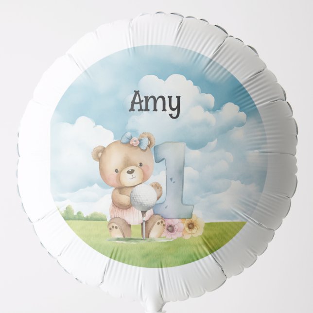 Golf 1st Birthday Teddy Bear golfer in golf course Balloon (Front)