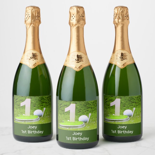 Golf 1st Birthday with number one   Sparkling Wine Label (Bottles)