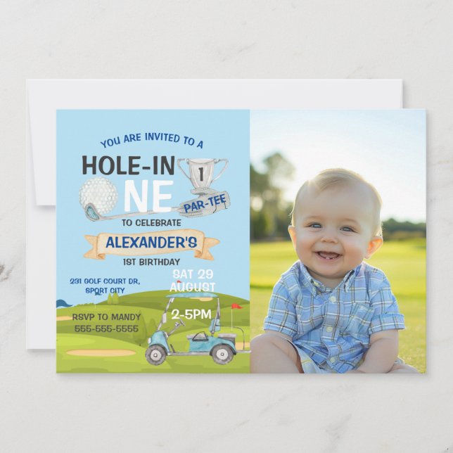 Golf 1st Hole-in-One Photo Birthday Party Boy Invitation (Front)