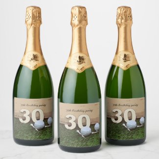 Golf 30th Birthday golf ball and tee on green Champagne Label