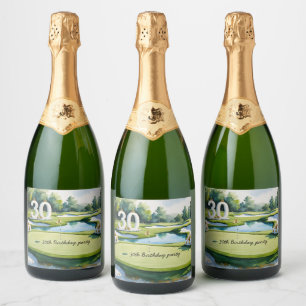 Golf 30th Birthday golf ball and tee on green Sparkling Wine Label