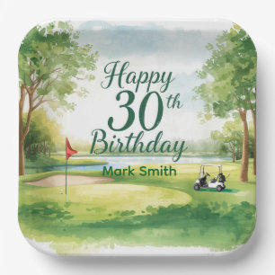 Golf 30th Birthday with golf cart on green Paper Plates