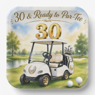 Golf 30th Birthday with golf cart on putting green Paper Plates