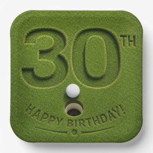 Golf 30th Birthday with golf cart on putting green Paper Plates
