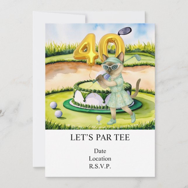 Golf  40th Birthday with cake for cat lovers Invitation (Front)