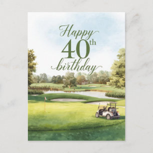Golf 40th Birthday with golf cart on green Postcard