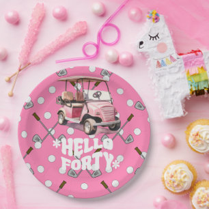 Golf 40th birthday with pink cart  woman golfer paper plates