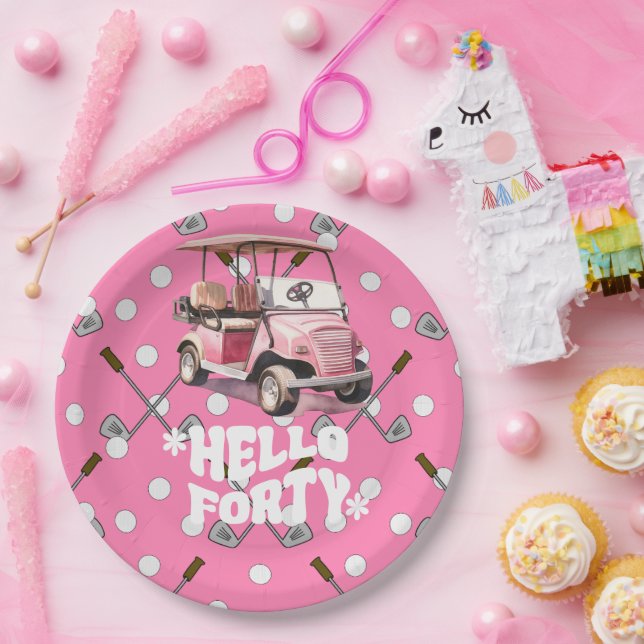 Golf 40th birthday with pink cart  woman golfer paper plates (Party)