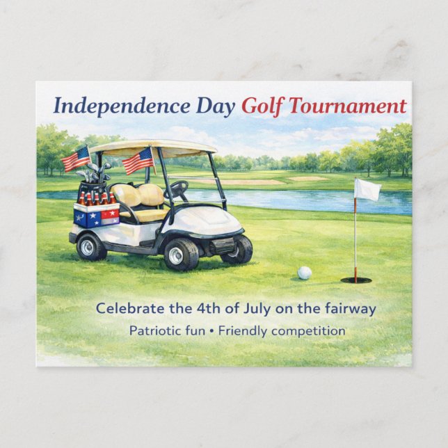 Golf 4th July Independence Day golf cart on course Postcard (Front)