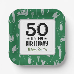 Golf 50th Birthday for golfer with green grass Paper Plates