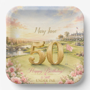 Golf 50th Birthday for woman golfer Pink themed Paper Plates