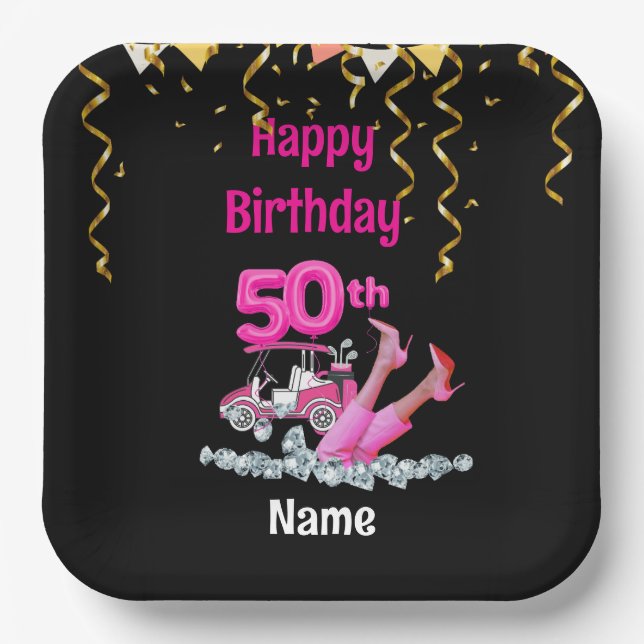 Golf 50th Birthday in Pink theme for woman golfer Paper Plates (Front)
