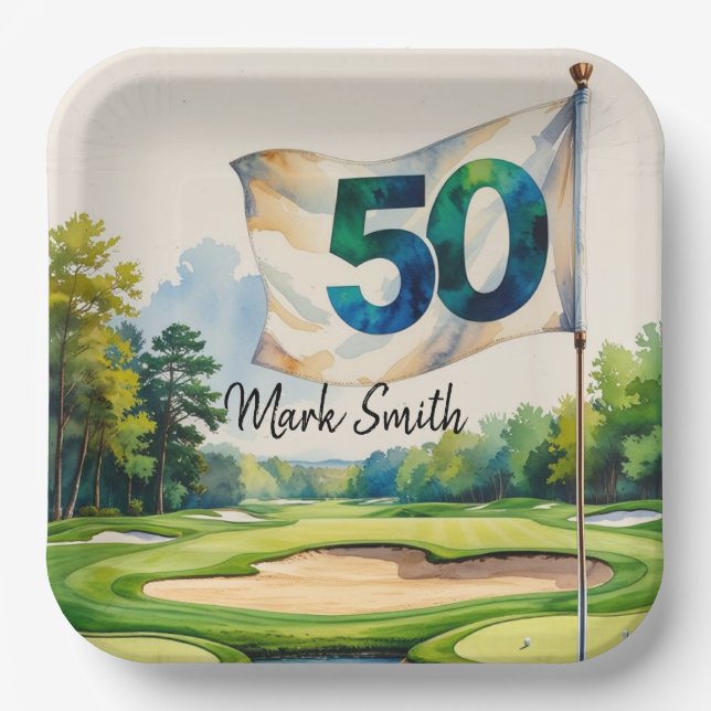Golf 50th Birthday on Golf Course  Paper Plates (Front)