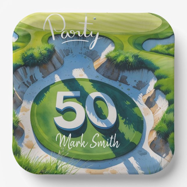 Golf 50th Birthday on Golf Course  Paper Plates (Front)