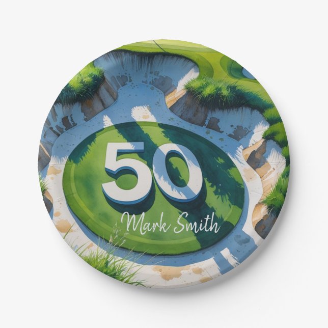 Golf 50th Birthday on Golf Course  Paper Plates (Front)