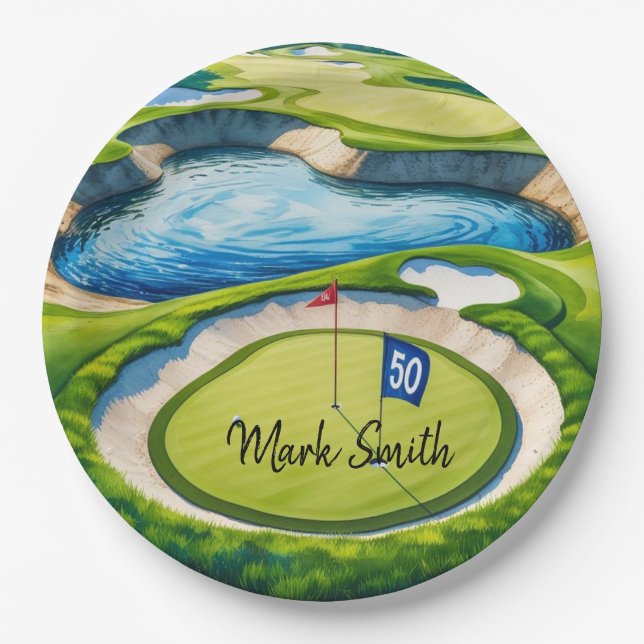 Golf 50th Birthday on Golf Course  Paper Plates (Front)