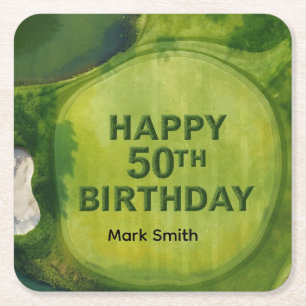 Golf 50th birthday on golf course square paper coaster