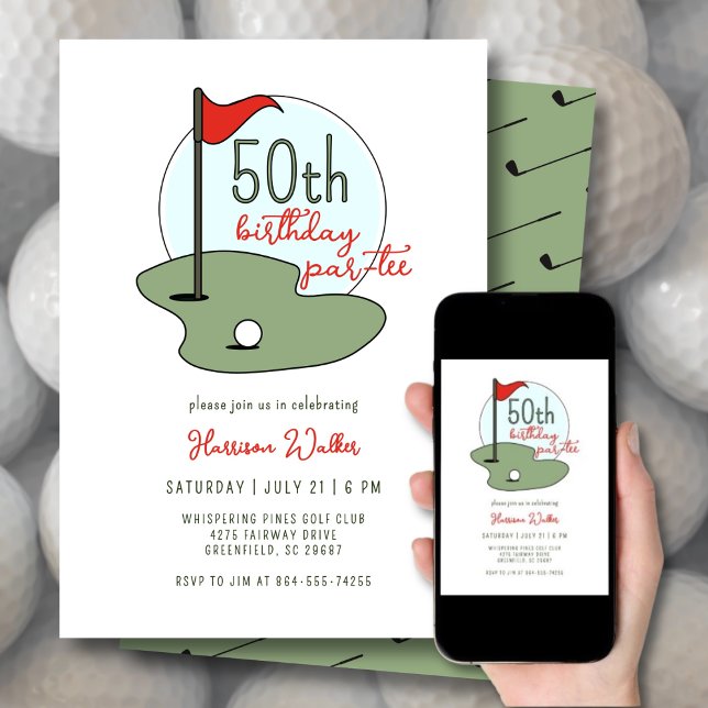 Golf 50th Birthday Party Hand Drawn Modern Green Invitation (Creator Uploaded)
