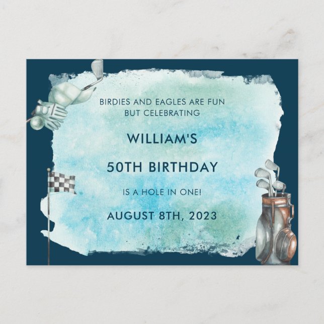 Golf 50th Birthday Party Watercolor Postcard (Front)