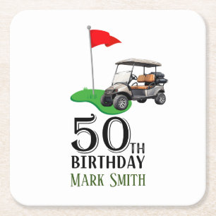 Golf 50th Birthday to You with Golf Flag Square Paper Coaster