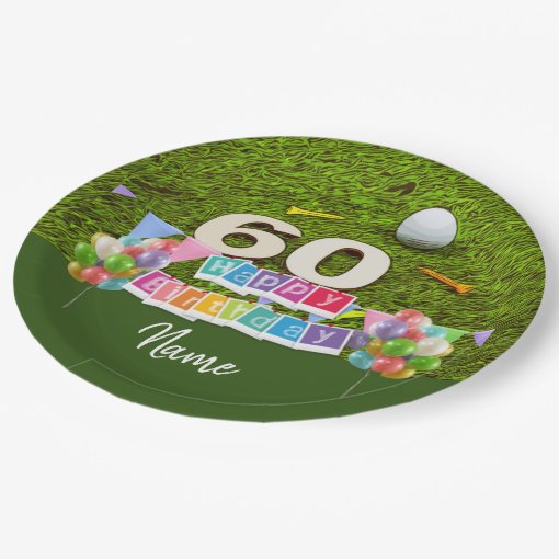 Golf 60th birthday golfer with balloon on green paper plates Zazzle
