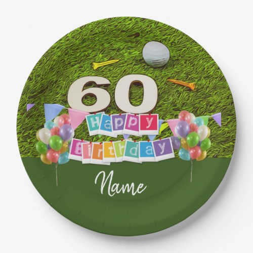 Golf 60th birthday golfer with balloon on green  paper plates